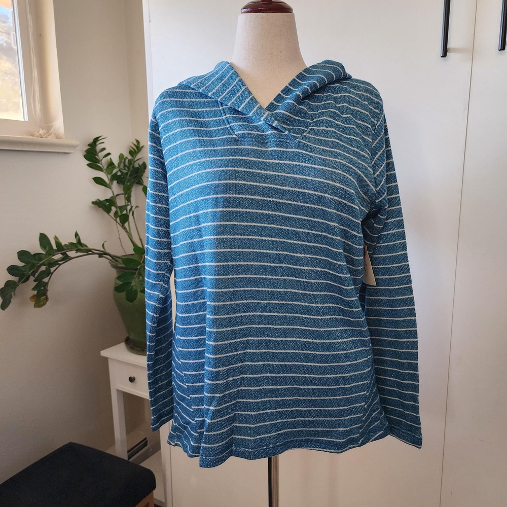 XL blue sparkly striped long sleeve top with hood St Johns Bay NEW with tags